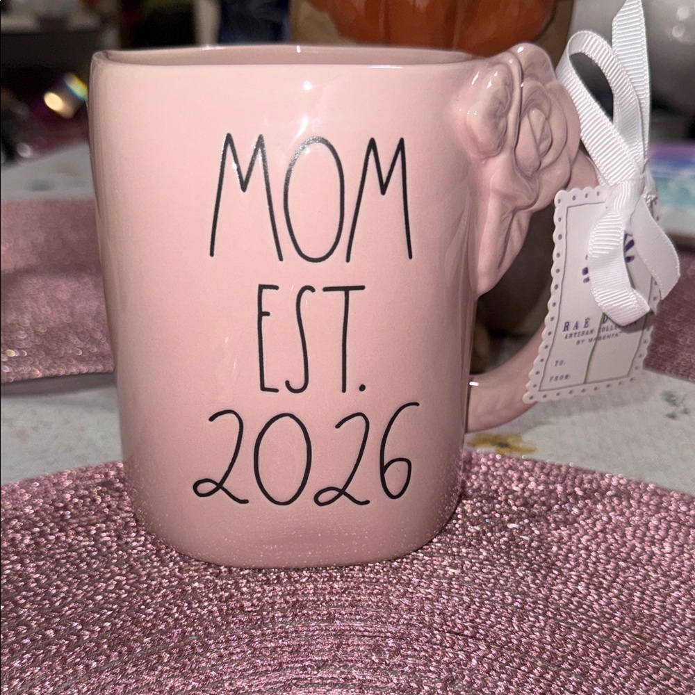 Rae Dunn mug MOM EST. 2026 in pink